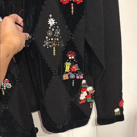 Jack B. Quick Black Festive Cardigan Christmas w/ Sequins beads & fur! - Picture 9 of 11